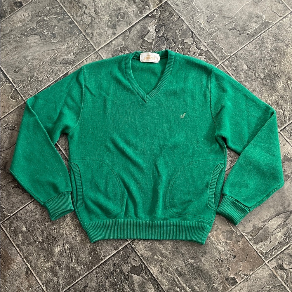 Vintage JANTZEN Wool-Blend Men’s Green V-Neck Preppy Cottagecore Coastal Sweater
